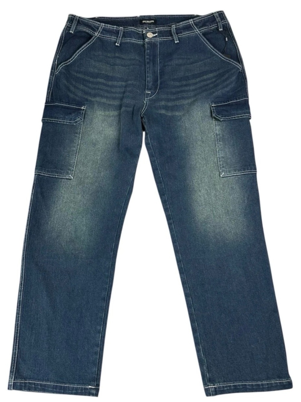 True Religion Cargo Pants Jeans Mens 36x34 Blue Denim Relaxed Straight Y2K NEW